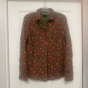 Anthropologie Green Floral embroidered Button Down Shirt